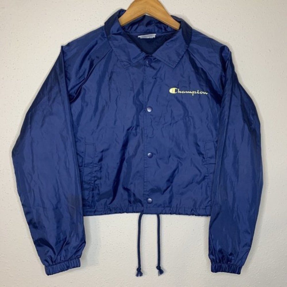 Champion Jacket Women‎ Small Blue Button Up Windbreaker Cropped Multicolor Logo